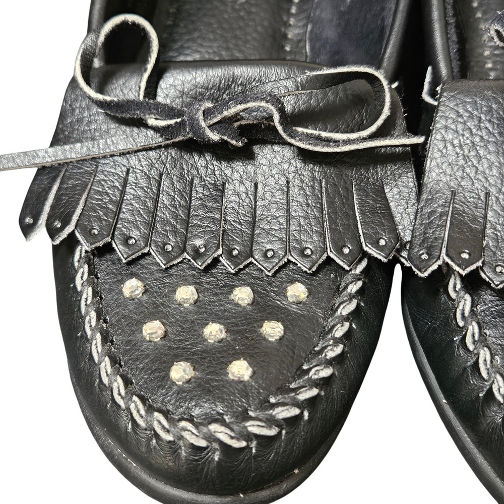 Minnetonka Moccasins‎ Black Leather Studded Fringe Loafers Women Size 9 USA Made - Picture 2 of 9